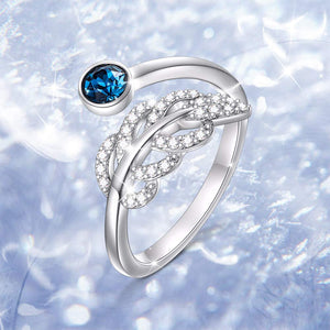 Unique Adjustable Leaf Feather Rings Handmade Wrap Open Band with Blue Austria Crystal Jewelry